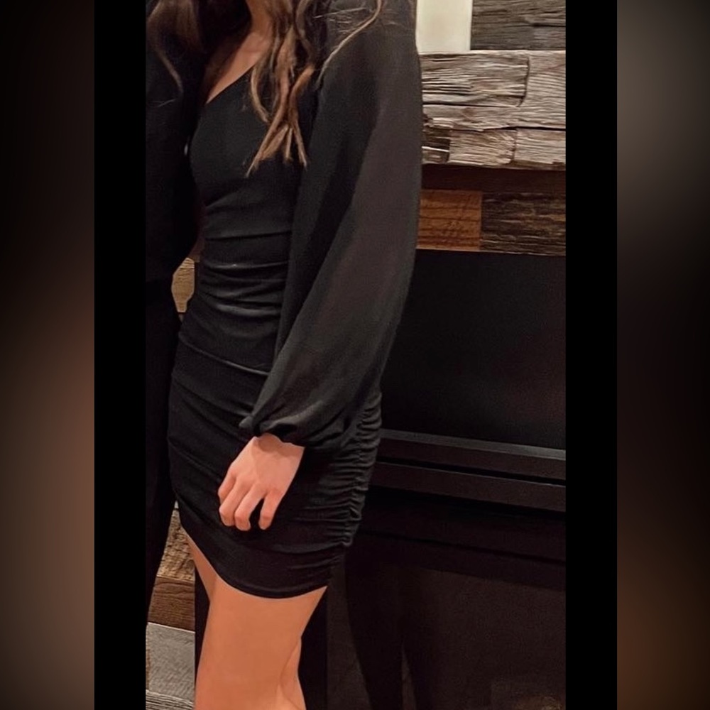 one sleeve black formal dress